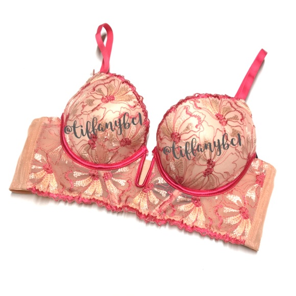 Pink Two Toned Long Line Floral Lace Push Up Bra - Picture 2 of 9